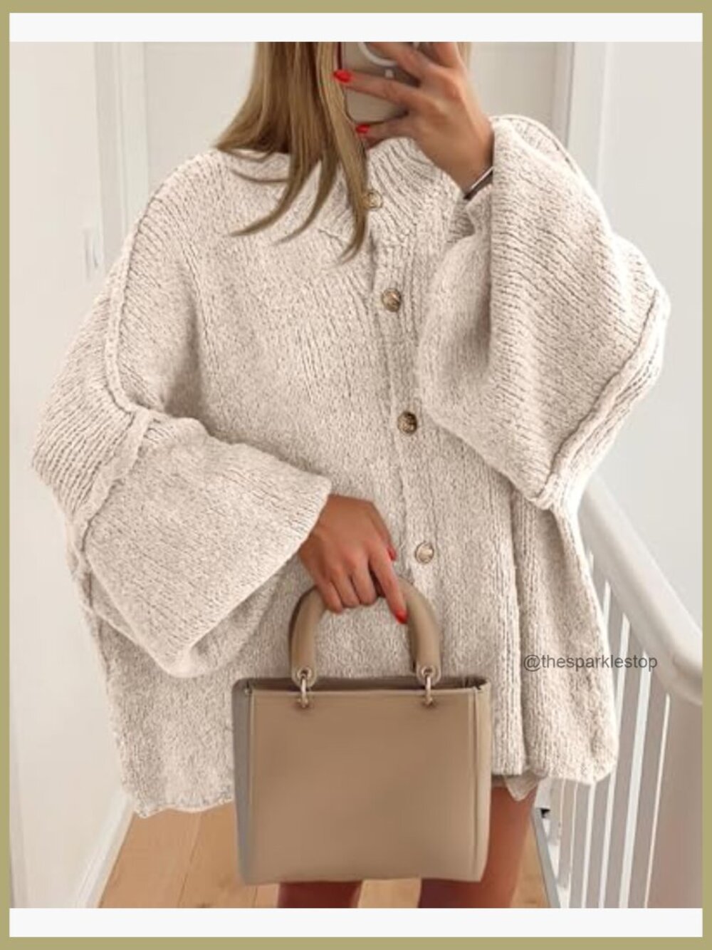 Chunky Knit Oversized Cardigan Sweater - Button Front Lantern Sleeve - Picture 3 of 7